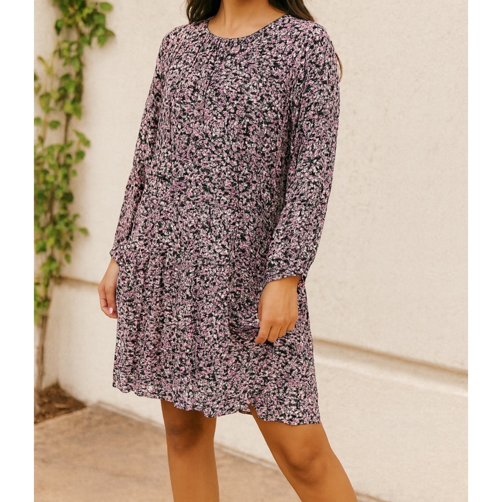 H&M sz XL Womens Black Pink Flowy Ditsy Floral Long Sleeve Tiered Babydoll Dress
